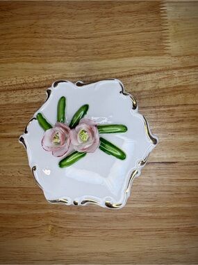 Vintage Magnolia Porcelain Trinket Dish | Hand-Painted Pink Roses Jewelry Dish